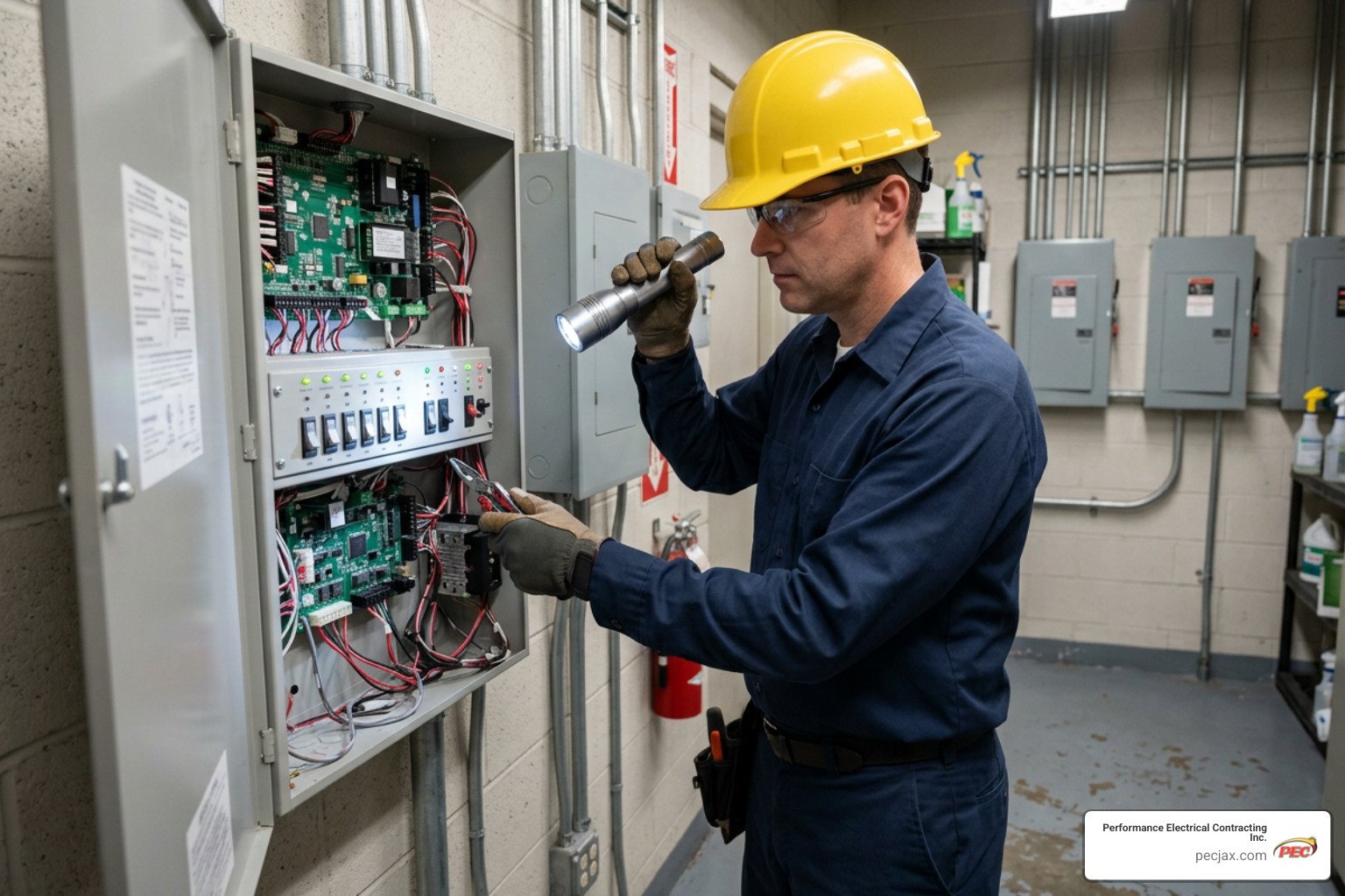 certified technician inspecting hotel fire panel certified technician inspecting hotel fire panel