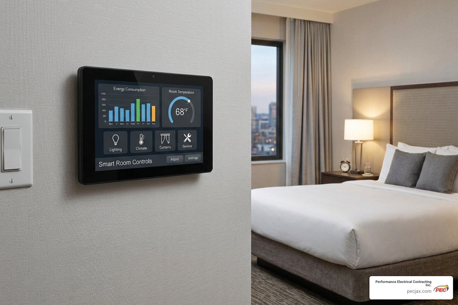 Smart energy management system control panel in a hotel guest room Smart energy management system control panel in a hotel guest room