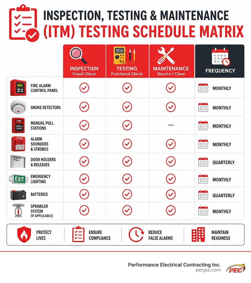 Inspection, Testing, and Maintenance (ITM) Testing Schedule Matrix infographic Inspection, Testing, and Maintenance (ITM) Testing Schedule Matrix infographic