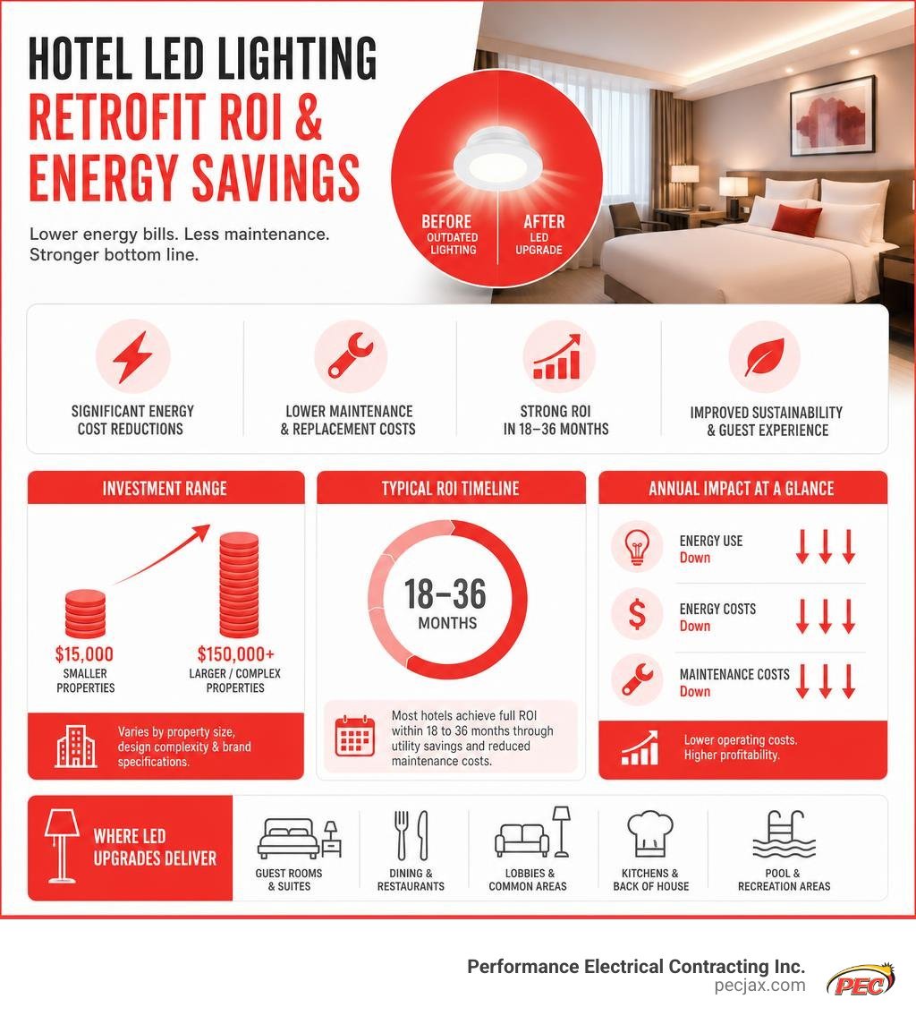 Detailed breakdown of hotel LED lighting retrofit ROI and energy cost savings infographic Detailed breakdown of hotel LED lighting retrofit ROI and energy cost savings infographic