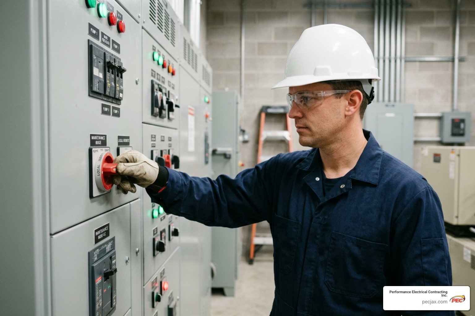 technician operating maintenance mode switch on electrical panel technician operating maintenance mode switch on electrical panel