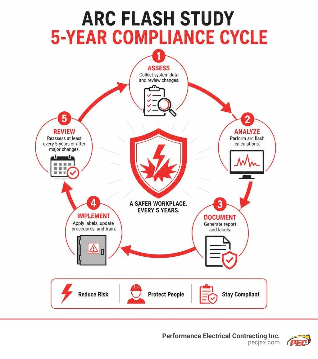 Arc Flash Study 5-Year Compliance Cycle infographic Arc Flash Study 5-Year Compliance Cycle infographic