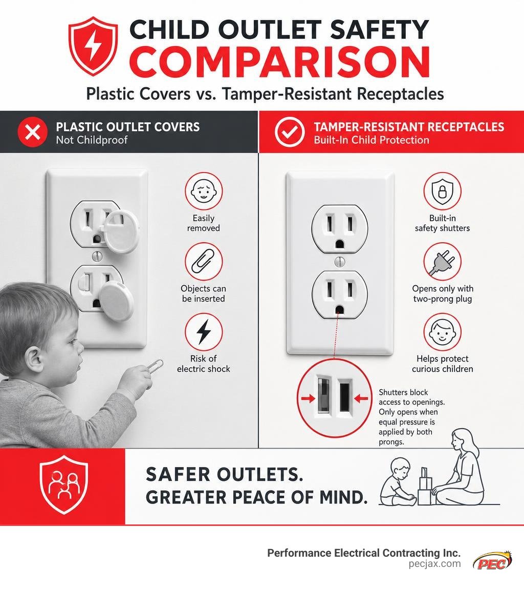 Child outlet safety comparison between plastic covers and tamper-resistant receptacles infographic