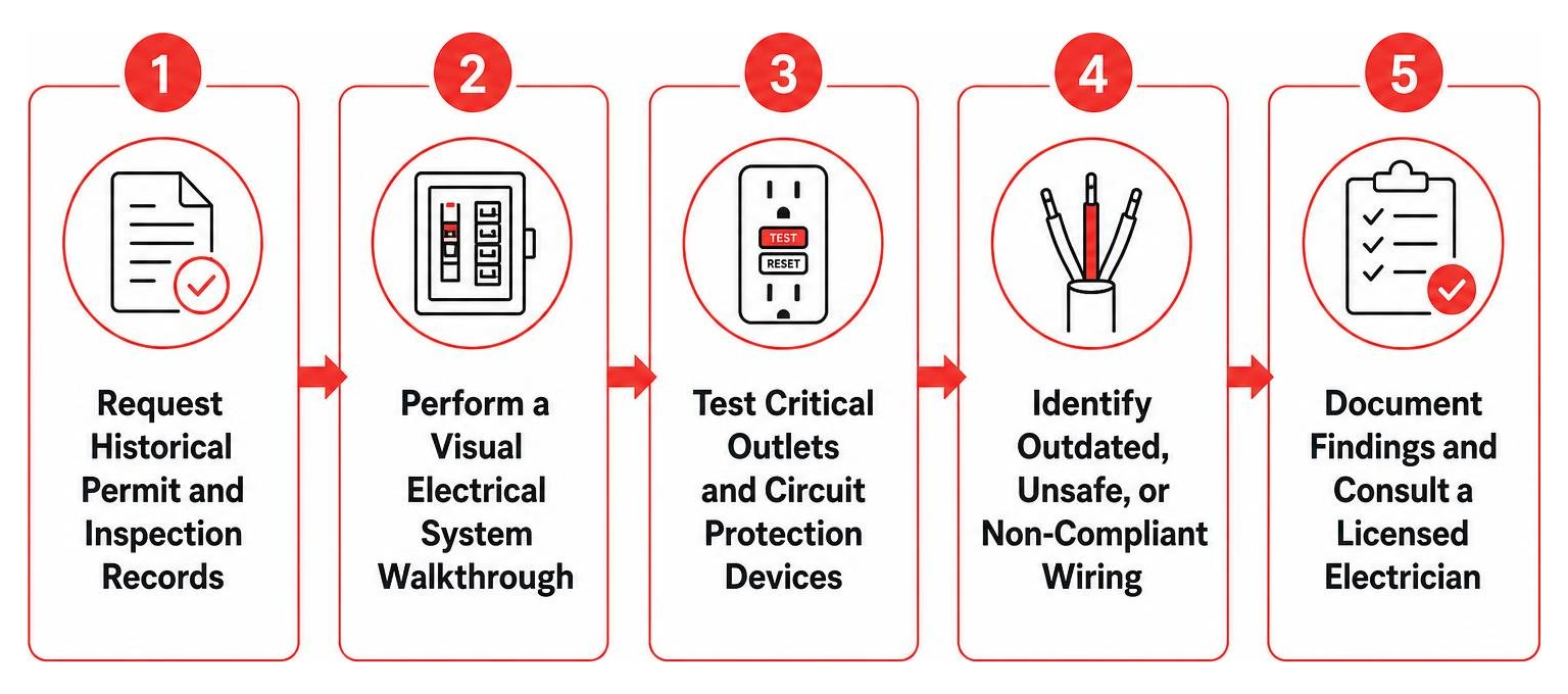 Diagram showing the 5-step checklist process to identify electrical code violations Diagram showing the 5-step checklist process to identify electrical code violations