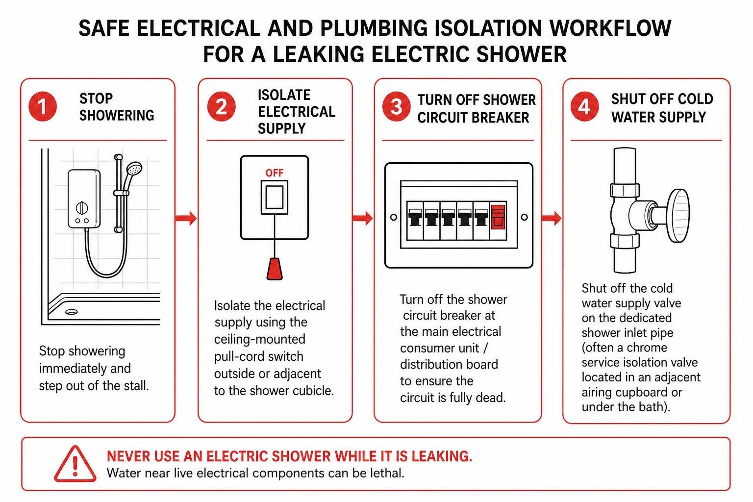 Safe electrical and plumbing isolation workflow for a leaking electric shower Safe electrical and plumbing isolation workflow for a leaking electric shower